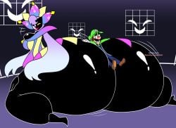 1boy 1girls ass ass_focus big_ass black_body blue_overalls breasts clothing dimentio dumptruck_ass enormous_ass facial_hair fat_ass female genderswap_(mtf) giantess gigantic_ass gloves green_hat green_shirt huge_ass humanoid indoors kneeling large_ass larger_female looking_back luigi lying_on_ass male male/female mario_(series) massive_ass nintendo oddly_bally overalls paper_mario plump_ass rule_63 rule_63 smile super_paper_mario thick_ass thick_thighs white_gloves