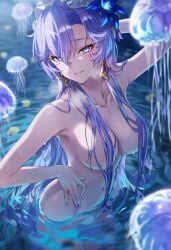ai_generated big_breasts breasts cantarella_(wuthering_waves) female female_focus hand_on_hip jellyfish light_purple_hair naked naked_female nipples_covered one_arm_up raaicave shoulders smiling solo water_background wuthering_waves