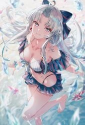 ai_generated bikini_skirt breasts carlotta_(wuthering_waves) curvy_female one_foot_raised raaicave thighs white_hair wuthering_waves
