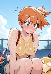 ai_generated blue_jean_shorts blush embarrassed green_eyes kasumi_(pokemon) orange_hair pokemon pokemon_(species) psyduck red_suspenders see-through_clothing see-through_top starmie suspenders wet_body wet_clothes wet_hair yellow_crop_top