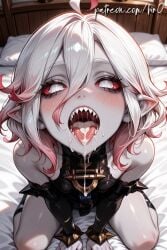 after_fellatio ahoge ai_generated bare_shoulders bed black_sclera blush breasts briar_(league_of_legends) clothing colored_sclera colored_skin cum cum_in_mouth demon_girl detached_sleeves facial female fingernails gradient_hair grey_eyes grey_hair hair_between_eyes league_of_legends looking_at_viewer male_focus medium_hair multicolored_hair no_pupils on_bed open_mouth original otoko_no_ko pink_hair pointy_ears red_sclera saliva semen sharp_teeth sidelocks sitting slit_pupils solo streaked_hair teeth tongue tongue_out two-tone_hair upper_teeth_only vampire wariza white_eyes white_hair wrist_cuffs