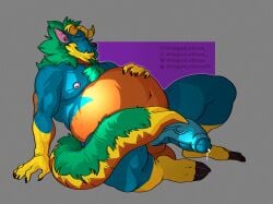 2025 anthro artist_name balls belly big_balls big_belly big_penis blue_body bodily_fluids capcom cel_shading claws closed_eyes colored digital_drawing_(artwork) digital_media_(artwork) erection fanged_wyvern feet genital_fluids genitals green_hair hair head_tuft hi_res huge_cock humanoid_genitalia humanoid_penis leaking male mane markings monster_hunter moobs muscular muscular_anthro muscular_male navel nipples nude orange_body overweight overweight_anthro overweight_male paws penis precum scalie shaded signature simple_background smile solo solo_focus tail text thick_penis thick_tail tuft veganlettuce vein veiny_penis watermark yellow_body zinogre