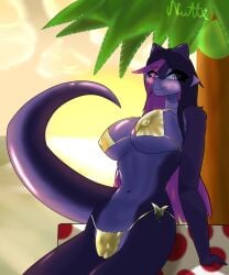 absurd_res anthro big_breasts bikini breasts clothed clothing digital_media_(artwork) dragon female gold_bikini golden_week hair hi_res huge_breasts looking_at_viewer mammal mythological_creature mythological_scalie mythology nipples nude nutto purple_body scalie smile solo swimwear tail two-piece_swimsuit