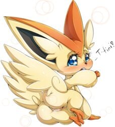 ass blue_eyes blush english_text female feral heart legendary_pokemon looking_at_viewer looking_back nintendo pokemon presenting pussy pussy_juice simple_background solo suddenhack text victini video_games