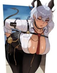 anhuzart female female_only fully_clothed horns huge_breasts one_eye_closed sweat thick_thighs white_hair wuthering_waves zani_(wuthering_waves)
