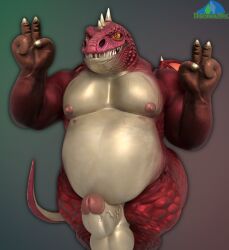 2025 3d albalbalb anthro balls belly big_balls big_belly big_penis digital_media_(artwork) dragon european_mythology genitals gesture giana_sisters gradient_background gurglewocky_(giana_sisters) hand_gesture hi_res horn looking_at_viewer male musclegut muscular mythological_creature mythological_scalie mythology nipples pale_scales pecs penis red_body red_eyes red_scales scales scalie simple_background smile smiling_at_viewer solo tail teeth_showing v_sign watermark western_dragon wide_hips wings yellow_eyes