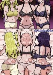 1boy 3girls bed black_bra blonde_hair date_a_live light-skinned_female mayuri_(date_a_live) penetration pink_hair pluchearts pov purple_bra purple_hair purple_panties ren_(date_a_live) sonogami_rinne straight threesome white_panties yellow_bra yellow_panties