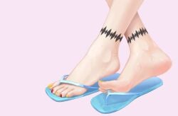 1girls blue_flip_flops feet female female_only flip_flops foot_fetish foot_focus footprint footwear red_toenails sweat sweaty_feet tattoo toenail_polish toes yellow_toenails