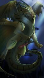 absurd_res anus ass bronze_body bronze_dragon_(dnd) bronze_scales detailed_background digitigrade dragon dragon_(dnd) dungeons_and_dragons erection feral genitals glowing glowing_eyes green_eyes hasbro hi_res licking licking_lips licking_own_lips looking_at_viewer male mythological_creature mythological_scalie mythology nude penis presenting scales scalie skyebold solo swimming tail tapering_penis tongue tongue_out wizards_of_the_coast