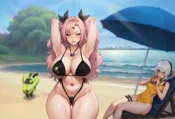 2girls ai_assisted anby_demara armpits arms_behind_back arms_up bangboo_(zenless_zone_zero) bangs beach bikini blurry_background blush breasts burger cameltoe curvy curvy_figure eating food green_eyes hair_ornament hair_ribbon highleg highleg_bikini hikkaria hoyoverse huge_breasts long_hair looking_at_viewer medium_breasts mole mole_on_breast mole_on_thigh mole_under_eye navel nicole_demara orange_eyes pink_hair pubic_hair_peek shiny_skin short_hair silver_hair smug sweat swimsuit thick thick_thighs thigh_strap thighs tongue_out white_hair wide_hips zenless_zone_zero