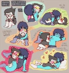 1boy 1other blue_hair blue_skin colored_skin deltarune dialogue dialogue_box highres homunculus100 kissing kris_(deltarune) male mini_person non-web_source partly_clothed smaller_male spamton_g._spamton vaginal_penetration
