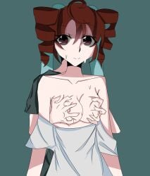 2d 2d_(artwork) 2d_artwork 2girls big_breasts blue_hair boobs_out breast_grab breasts breasts_out female female_only hatsune_miku kasane_teto lesbian_sex nipples pink_eyes pink_hair red_eyes red_hair sheorderednopickles shirt shirt_pull small_nipples smiling smiling_at_viewer teal_hair utau vocaloid yuri