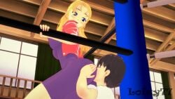 anime anime_girl blonde_hair blue_eyes facesit facesitting femdom history's_strongest_disciple_kenichi koikatsu loiuy77 miu_furinji smothering smothering_ass stinkface wrestling wrestling_move wrestling_ring
