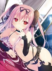 black_legwear blush chikotam choker demon_girl demon_horns dengeki_moeou detached_sleeves dutch_angle female garter_belt garter_straps hair_ribbon hand_to_own_mouth highres horns long_hair lying navel nipples on_side pink_hair red_eyes ribbon scan small_breasts smile solo thighhighs topless two_side_up underwear underwear_only wings