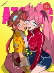 2girls ash_(atomic_picnic) atomic_picnic bonnie_b_bunny breasts_pressed_together bunny_ears doujin_cover fake_doujinshi female goggles_on_head koni_urameshi looking_at_viewer mechanical_arm saliva_trail tight_clothing tomboy