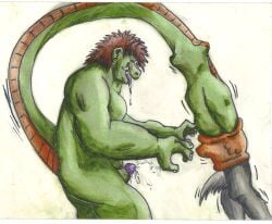 anthro bigbadbear bodily_fluids bulge canid canine canis cell_(dragon_ball) colored cum dragon_ball drooling duo ejaculation erection fingernails fur genital_fluids genitals green_body grey_body grey_fur hair head_first male male/male mammal nails penis saliva simple_background standing tail tail_fetish tail_play tail_vore tongue tusks unknown_species vore white_background wolf