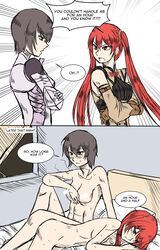 2girls abs after_sex armor artist_request blush english english_text female female_only fire_emblem fire_emblem_awakening gameplay_mechanics gloves highres kjelle_(fire_emblem) long_hair multiple_girls nude red_hair ruined_for_marriage severa_(fire_emblem) short_hair steam sweat text tied_hair twintails yuri