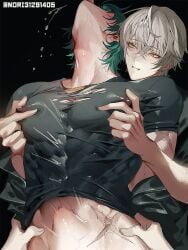 3boys abs abs_visible_through_clothing arms_behind_back belly_bulge blush duo_focus erect_nipples grabbing_from_behind lighter_(zenless_zone_zero) muscular_male nipple_play nipple_tweak nori31291404 overstimulation saliva scar smile tongue_out waist_grab wise_(zenless_zone_zero) yaoi zenless_zone_zero