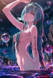 ai_generated breasts curvy_body curvy_figure cyan_hair naked naked_female night_background nipples_covered one_eye_covered phrolova_(wuthering_waves) raaicave shoulders water_background water_bubbles wuthering_waves