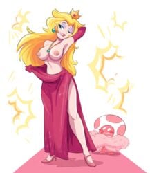 1girls armpits dress elbow_gloves eyeshadow gloves herny high_heels hourglass_figure lipstick makeup male mario_(series) nintendo nipples princess_peach red_carpet sequin_dress sexy_armpits shoes super_mario_all-stars tagme toad_(mario) topless undressing wink