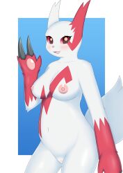 anthro anthrofied apron apron_only blush breasts clothing commandg female generation_3_pokemon looking_at_viewer nintendo nipples nude pokemon pokemon_(species) pokemorph simple_background solo text zangoose