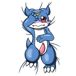 animal_genitalia anthro blush covering_face cute_fangs digimon erection front_view genital_slit high-angle_shot looking_at_viewer lying nude on_back penis scalie slit soukouryu tapering_penis veemon