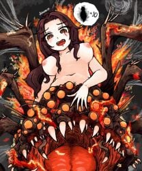 arachne brown_hair chaos_witch_quelaag dark_souls demon demon_girl exposed_nipples fangs fromsoftware futuree hair_between_breasts hair_over_breasts large_breasts long_hair looking_at_viewer nude orange_eyes smile spider spider_girl spider_web spider_web_background
