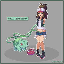 1girls baseball_cap blue_eyes boots breasts brown_hair bulbasaur clothed clothes duo english_text female fingering footwear grey_background hair hat hilda_(pokemon) human laced_boots larger_female long_hair male nintendo open_mouth pokémon_(species) pokemon pokemon_bw pokemon_rgby pokephilia ponytail red_eyes restrained shoes shorts sismicious size_difference small_breasts smaller_male socks standing straight tentacle text tied_hair worried