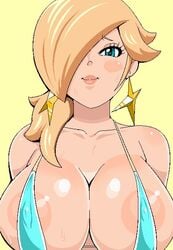 1girls areola_slip areolae big_areola big_nipples bikini bimbo blonde_hair blue_bikini blue_eyes blush breasts busty cleavage earrings female female_only grey_impact hair_over_one_eye jewelry lips looking_at_viewer mario_(series) micro_bikini milf nintendo nipples oekaki ponytail princess_rosalina simple_background smile solo sweat swimsuit tied_hair yellow_background