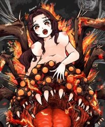 arachne brown_hair chaos_witch_quelaag dark_souls demon demon_girl exposed_nipples fangs fromsoftware futuree hair_between_breasts hair_over_breasts large_breasts long_hair looking_at_viewer nude orange_eyes spider spider_girl spider_web spider_web_background surprised surprised_expression