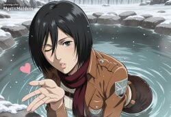ai_generated anime anime_style artist_name attack_on_titan belt black_eyes black_hair blowing_kiss emblem female hair_between_eyes heart hentai hi_res jacket lips looking_at_viewer mikasa_ackerman mikasa_ackerman_(pre_s4) mystic_maidens one_eye_closed paradis_military_uniform parted_lips partially_submerged patreon red_scarf scarf shingeki_no_kyojin short_hair snow solo survey_corps_\\\\(emblem\\\\) training_corps_\\\\(emblem\\\\) wading water wet