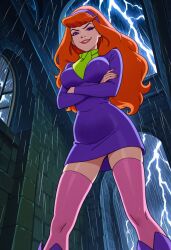 ai_generated daphne_blake dark.drakus lightning night orange_hair purple_dress rain scooby-doo standing viewed_from_below