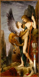 1864 1boy 1girls breasts duo_focus eye_contact female fine_art greek_mythology gustave_moreau human looking_at_another looking_at_partner male nipples oedipus public_domain size_difference sphinx standing straight_hair tagme tragedy