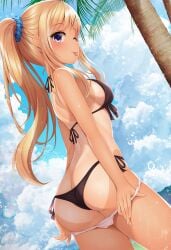 1girls ;p bangs big_butt bikini bikini_pull black_bikini black_swimsuit blonde_hair blue_scrunchie blue_sky blush breasts butt closed_mouth clothes_pull cloud cloudy_sky day eyebrows_visible_through_hair female hair_ornament hair_scrunchie hairclip highres kin-iro_mosaic kujou_karen long_hair medium_breasts minato_ojitan one-piece_tan one_eye_closed outdoors palm_tree pulled_by_self purple_eyes scrunchie side-tie_bikini side_ponytail sky smile solo swimsuit tan tanline tanlines tongue tongue_out tree very_long_hair x_hair_ornament