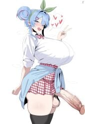 1futa absurdres black_thighhighs blue_jacket blush breasts clothes_around_waist collared_shirt cowboy_shot double_bun erection female from_side futa_only futanari green_hairband hair_bun hairband hatsune_miku heart highres huge_breasts huge_cock jacket jacket_around_waist large_testicles lilymoth open_mouth penis shirt shirt_tucked_in simple_background skirt smile solo solo_futa spoken_heart testicles thighhighs uncensored v veins veiny_penis vocaloid white_background white_shirt