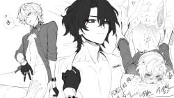 2boys artist_name aventurine_(honkai:_star_rail) doggy_style dr._ratio_(honkai:_star_rail) english_text expressionless gay half-dressed honkai:_star_rail honkai_(series) male/male male_only moaning monochrome yaoi