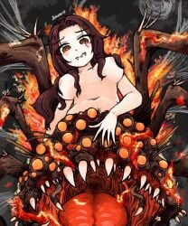 arachne brown_hair chaos_witch_quelaag dark_souls demon demon_girl fangs fromsoftware frown frowning futuree hair_between_breasts hair_over_breasts large_breasts long_hair looking_at_viewer nude orange_eyes spider spider_girl spider_web spider_web_background