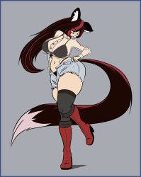 boots bra daisy_dukes fox_ears fox_girl fox_tail jean_shorts kemonomimi kitsune kitsunemimi large_breasts lother oc orange_eyes original_character panties red_hair see-through_clothing see-through_shirt thighhighs wildy_(barosans)