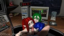 16:9 3d anthro ariral blue_eyes blue_hair clock clothed clothing computer desk dr._kel electronics english_text felid feline fellatio female female_on_human first_person_view furniture genitals green_eyes green_hair group hair hi_res human human_on_humanoid human_pov humanoid humanoid_genitalia humanoid_penis interspecies male male/female male_on_humanoid male_pov mammal nude nude_anthro nude_female office_depot_(artist) oral pantsless penile penis red_hair sex sitting table text voices_of_the_void widescreen yellow_eyes