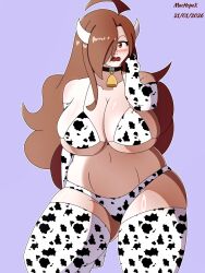 big_belly big_breasts big_thighs brown_eyes brown_hair chubby chubby_belly chubby_female cow_girl cow_horns cow_print_bikini cowbell_collar cowkini cute cute_face embarrassed_exposed_female female female_focus female_only flustered_female kono_subarashii_sekai_ni_shukufuku_wo! konosuba machopex massive_breasts massive_thighs sexy sexy_body solo solo_female solo_focus wiz_(konosuba) wizard