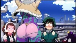 2boys 2girls anime_screenshot ass ass_focus black_bodysuit blood blue_sky bodysuit boku_no_hero_academia breasts brown-haired_female brown_eyes brown_hair butt_crack cloud colored_skin exposed_ass fluffy_collar fur-trimmed_jacket fur_trim green_bodysuit green_eyes green_hair helmet highres huge_ass izuku_midoriya jacket mask matching_hair/eyes medium_breasts mina_ashido mineta_minoru multicolored_bodysuit multiple_boys multiple_girls my_hero_academia nosebleed nude_filter ochako_uraraka open_clothes open_jacket outdoors panties pink_bodysuit pink_hair pink_skin purple_hair screencap short_hair sky smile superhero_costume third-party_edit thong torn_clothes underwear wardrobe_malfunction white_bodysuit yellow_jacket