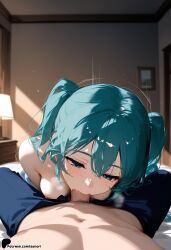 1boy ai_generated aqua_hair breasts fellatio female hatsune_miku long_hair oral penis pov straight sunori twintails uncensored utau vocaloid