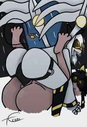 black_hair cyn_(murder_drones) cyntessa_(murder_drones) drool drooling female female_only j_(murder_drones) mating_press murder_drones nude robot robot_girl robot_humanoid strap-on tcross