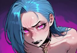 1girls abelonn ai_generated black_lipstick blue_hair disgusted female glowing_eyes goth goth_girl goth_makeup jinx_(league_of_legends) league_of_legends lipstick long_hair looking_at_viewer makeup naked necklace pink_eyes stare staring staring_at_viewer