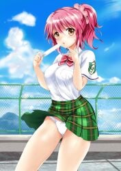 akina_tsukako blush bow_panties bow_underwear cheria_barnes food green_skirt miniskirt panties pink_hair plaid_skirt pleated_skirt ponytail ponytail_female popsicle school_uniform shirt skirt skirt_lift skirt_up tales_of_(series) tales_of_graces underwear white_panties white_shirt white_underwear wind wind_lift