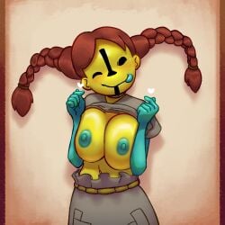 1:1 1girls 2d 2d_(artwork) belly belly_button blush braided_twintails dot_eyes drooling ena_(series) ena_dream_bbq heart heart_symbol korean_heart large_breasts leafbite lifted_top looking_at_viewer mitu_(dream_bbq) pinup rope rope_around_neck saliva self_upload simple_background squeezing squeezing_breast teal_nipples teal_skin teal_tongue tongue tongue_out video_game_character video_games wink winking_at_viewer yellow_skin