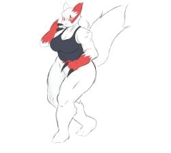 barely_clothed big_areola child_bearing_hips chubby claws confused_look crin0art huge_breasts nintendo nipples pokemon pokemon_(species) thick_thighs topwear vagina zangoose