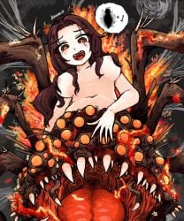 arachne brown_hair chaos_witch_quelaag dark_souls demon demon_girl fangs fromsoftware futuree hair_between_breasts hair_over_breasts large_breasts long_hair looking_at_viewer nude orange_eyes spider spider_girl spider_web spider_web_background
