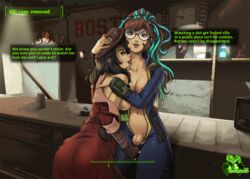 1futa 1girls artist_self-insert ass bar black_hair bodysuit brown_eyes brown_hair bulge cameltail cap cleavage computer dickgirl electronics english english_text eyewear fallout fallout_4 female futa_on_female futanari gameplay_mechanics glasses hickey highlights hizzacked hizzy human intersex intersex_with_female kiss_mark kissing_neck licking lipstick lipstick_mark lipstick_on_neck long_hair medium_breasts mutated navel nipples open_clothes penis penis_bulge penis_under_clothes pip-boy piper_wright scarf short_hair standing text vault_suit wide_hips wristwear