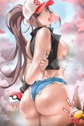 1girls ass ass_hanging_out ass_hanging_out_of_shorts baseball_cap big_ass big_breasts blowing_bubblegum blue_eyes blue_shorts booty_shorts bottomwear breasts brown_hair bubble_ass bubble_butt bubblegum clothing female female_focus female_only game_freak hair hat headwear hilda_(pokemon) holding_object huge_ass huge_breasts lips looking_back nails pokeball pokemon pokemon_(species) pokemon_bw ponytail short_shorts shorts tank_top tepig tied_hair topwear wtparadise